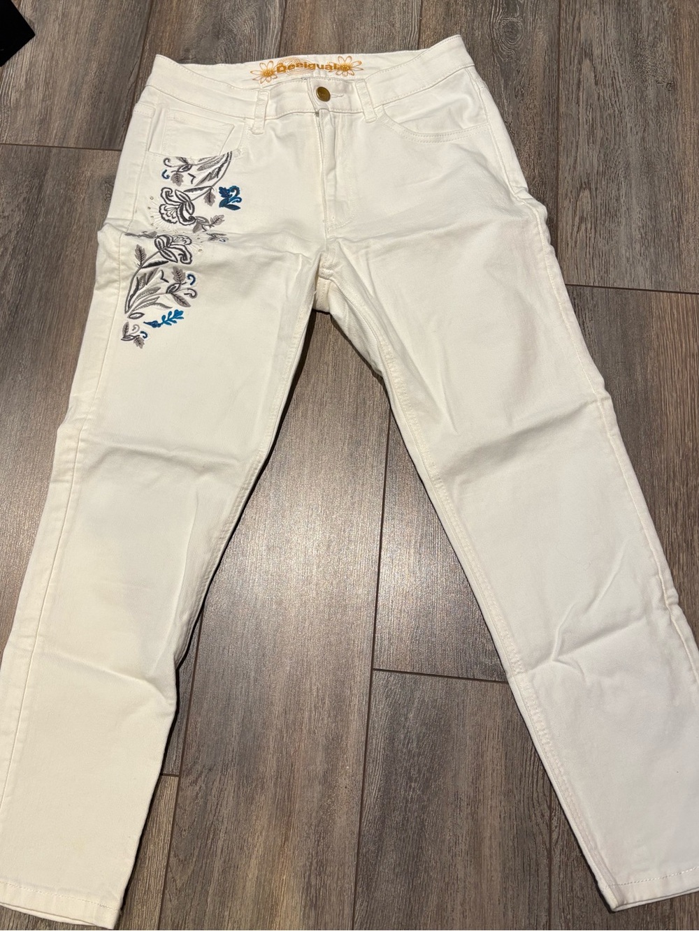Desigual White Straight-Leg Jeans with Blue & Gray Embroidery